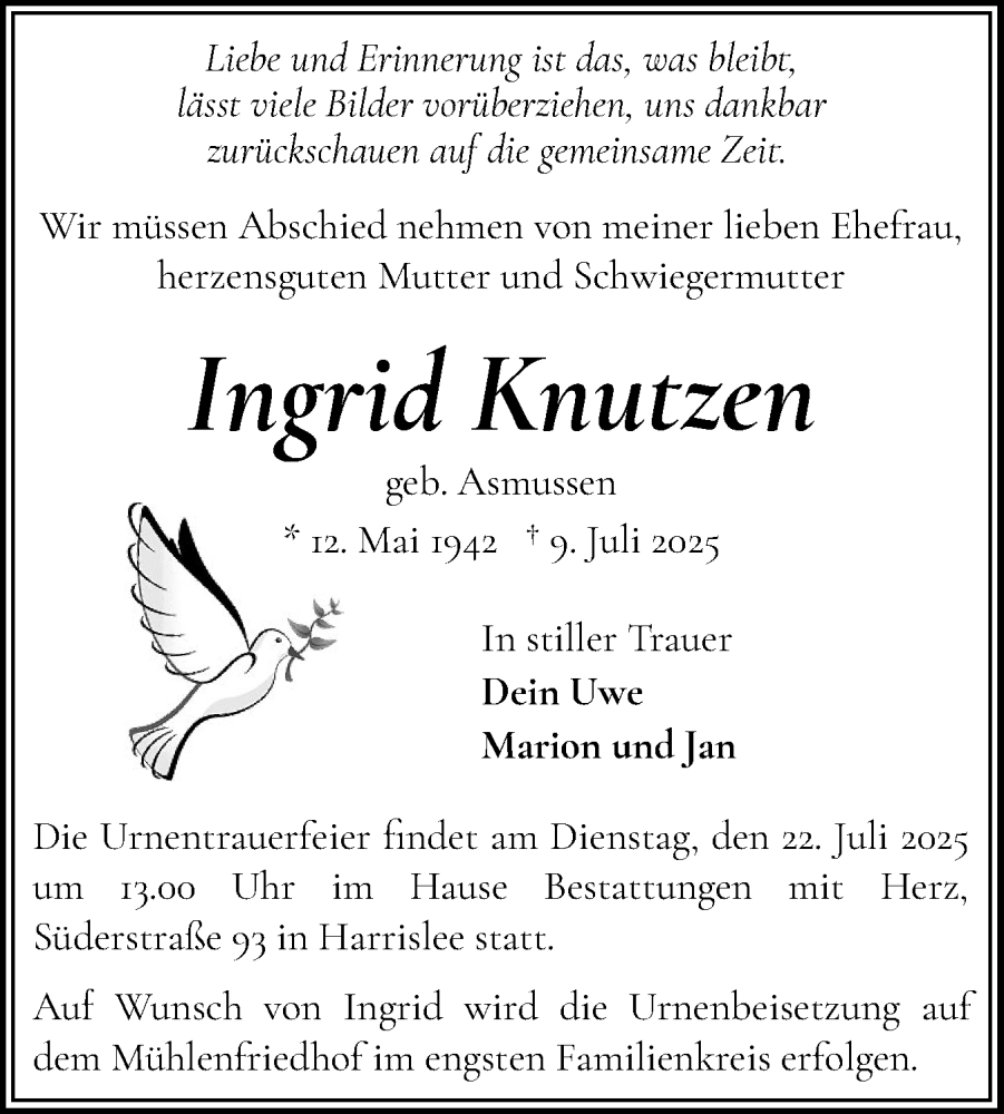  Traueranzeige für Ingrid Knutzen vom 12.07.2025 aus Flensburger Tageblatt
