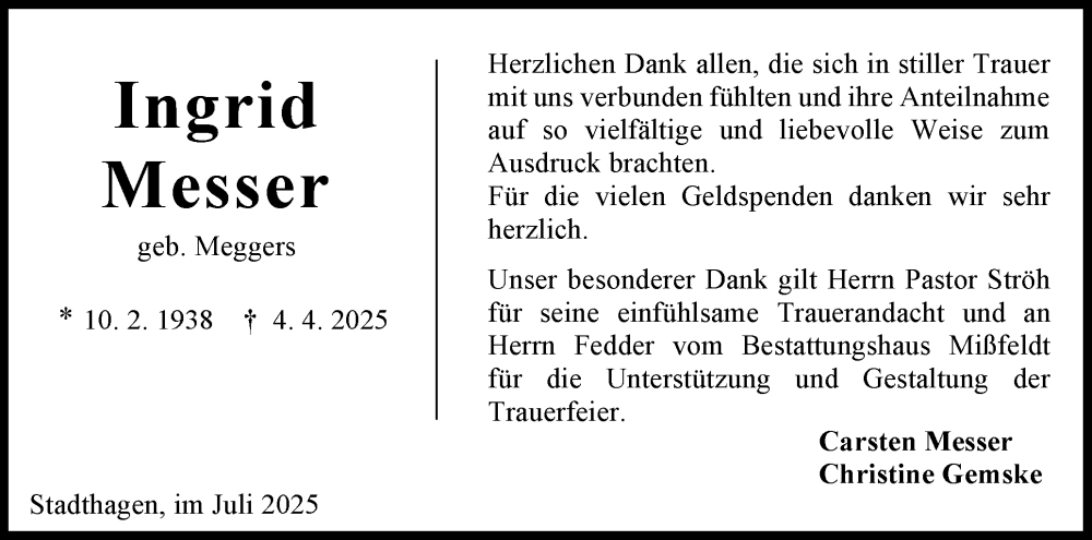  Traueranzeige für Ingrid Messer vom 12.07.2025 aus Eckernförder Zeitung, Hallo Eckernförde