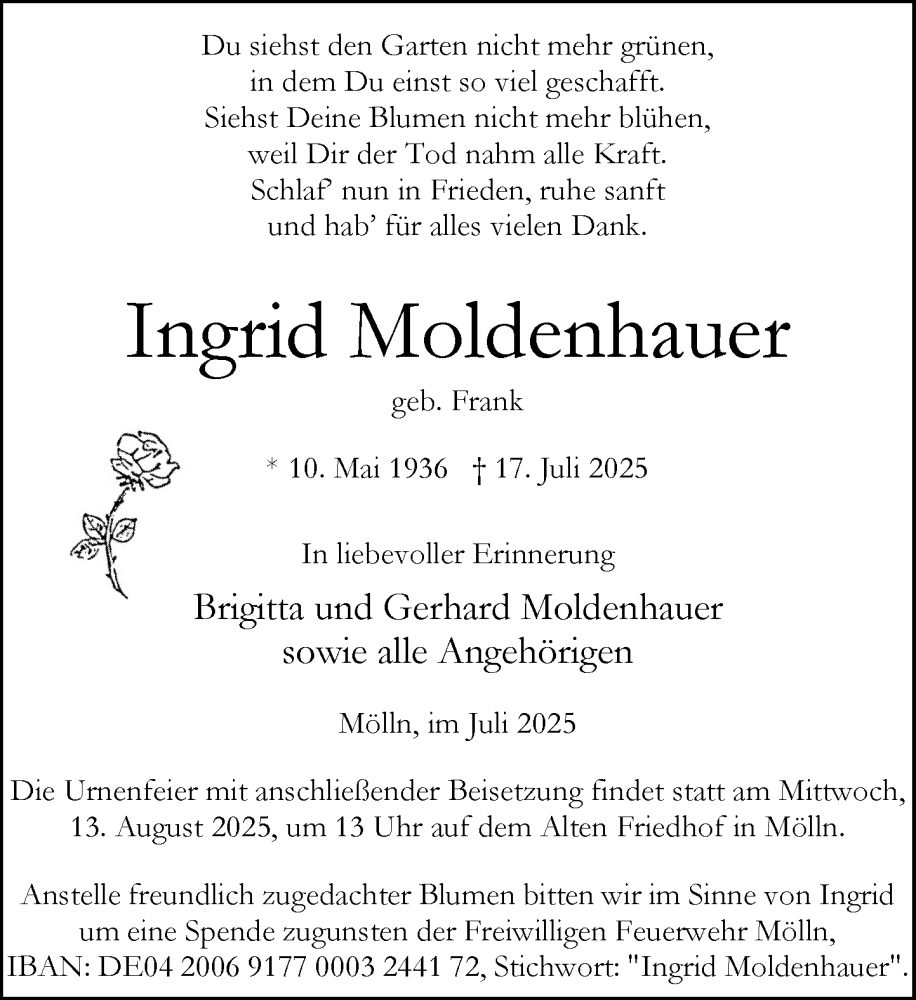  Traueranzeige für Ingrid Moldenhauer vom 26.07.2025 aus MARKT Ratzeburg/Mölln