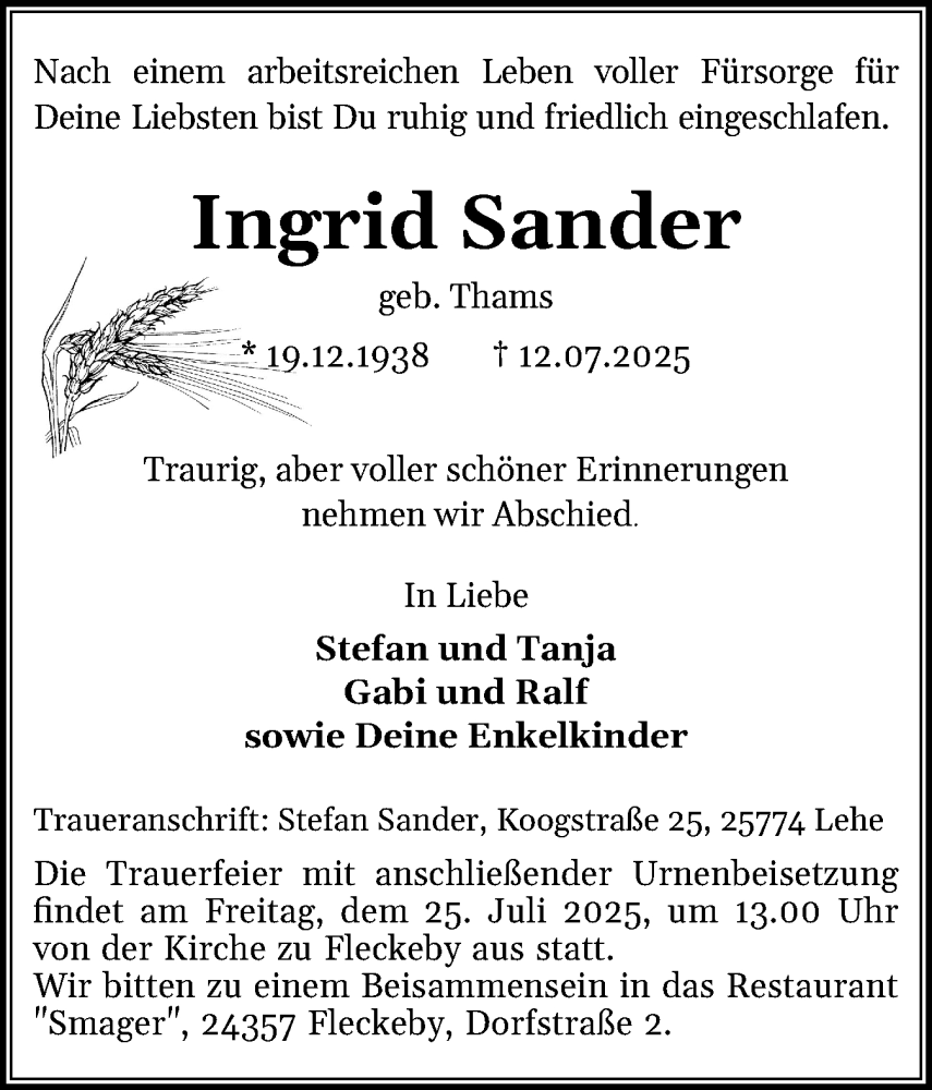  Traueranzeige für Ingrid Sander vom 19.07.2025 aus Eckernförder Zeitung