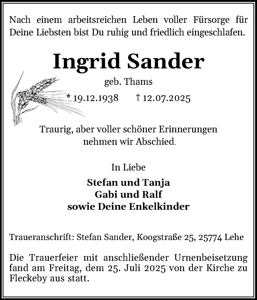  Traueranzeige für Ingrid Sander vom 26.07.2025 aus Hallo Eckernförde