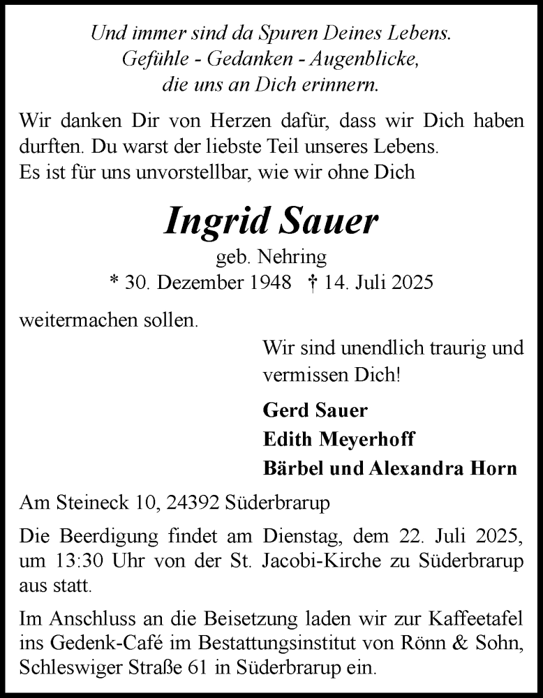  Traueranzeige für Ingrid Sauer vom 17.07.2025 aus Schleswiger Nachrichten, Schlei-Bote