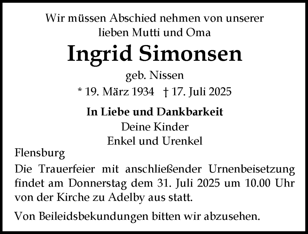  Traueranzeige für Ingrid Simonsen vom 26.07.2025 aus Flensburger Tageblatt