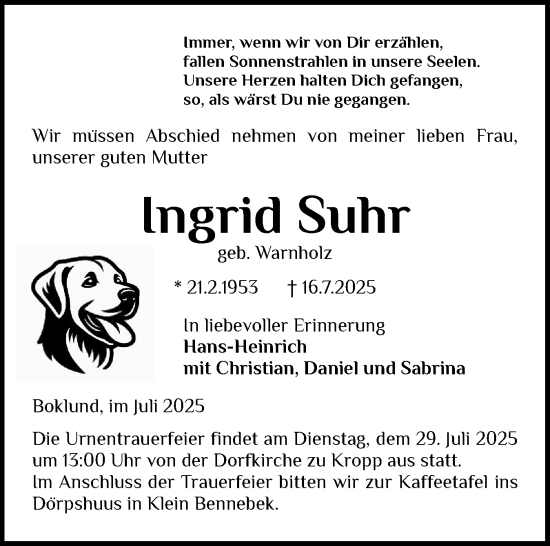 Traueranzeige von Ingrid Suhr von Schleswig-Holsteinische Landeszeitung