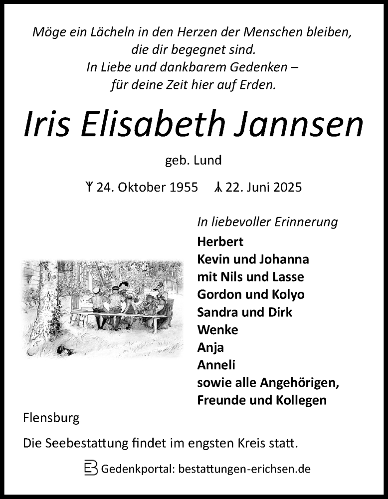  Traueranzeige für Iris Elisabeth Jannsen vom 12.07.2025 aus Flensburger Tageblatt