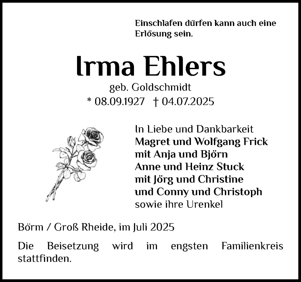  Traueranzeige für Irma Ehlers vom 12.07.2025 aus Schleswiger Nachrichten, Schlei-Bote