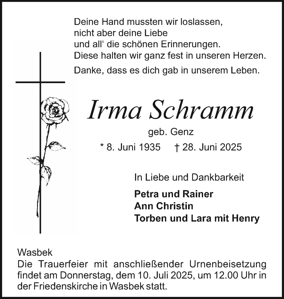  Traueranzeige für Irma Schramm vom 05.07.2025 aus Holsteinischer Courier