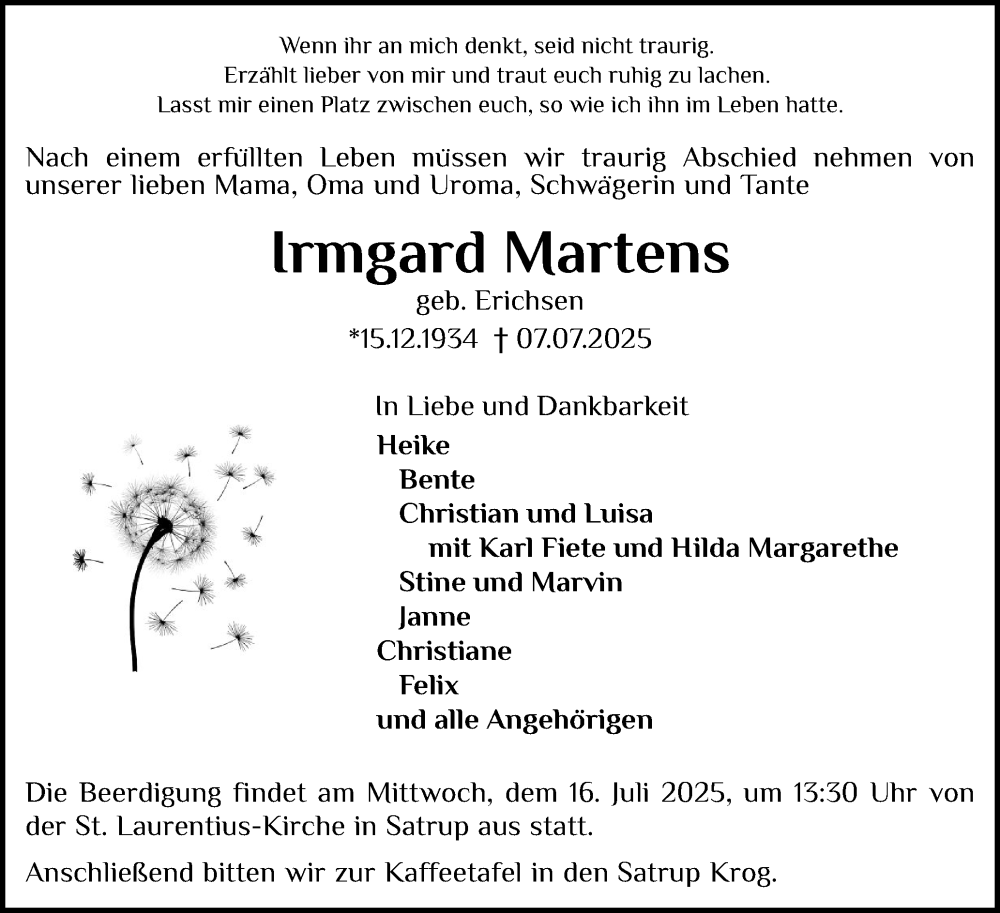  Traueranzeige für Irmgard Martens vom 12.07.2025 aus Flensburger Tageblatt, Schleswiger Nachrichten, Schlei-Bote