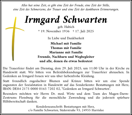 Traueranzeige von Irmgard Schwarten von Flensburger Tageblatt