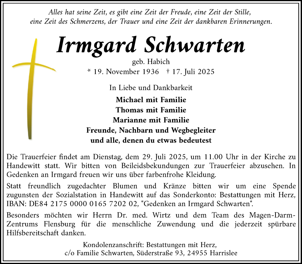  Traueranzeige für Irmgard Schwarten vom 26.07.2025 aus Flensburger Tageblatt