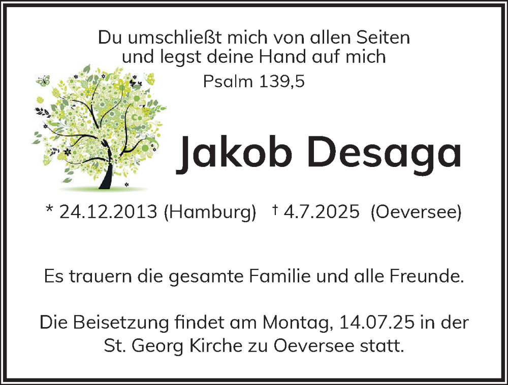  Traueranzeige für Jakob Desaga vom 14.07.2025 aus Flensburger Tageblatt