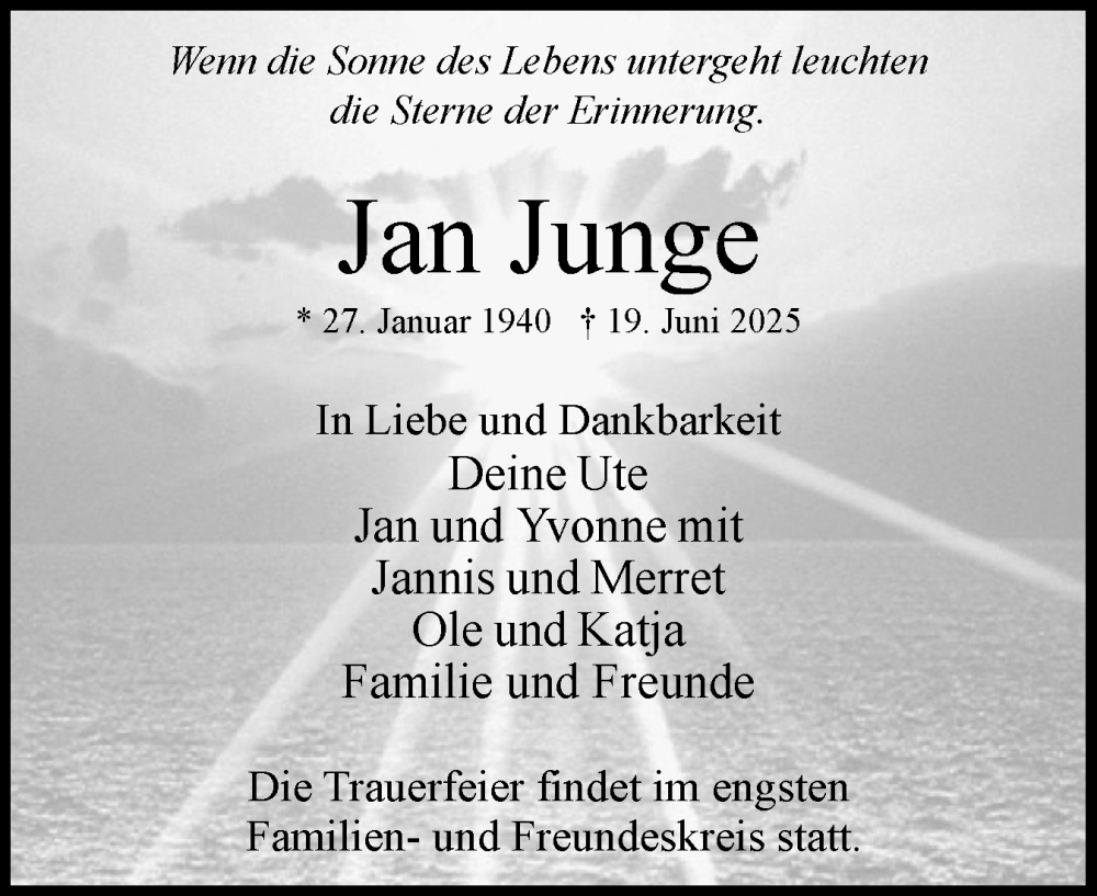  Traueranzeige für Jan Junge vom 12.07.2025 aus Uetersener Nachrichten, Der tip am Wochenende