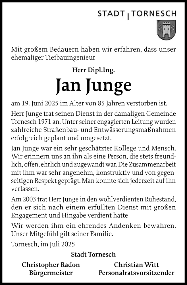  Traueranzeige für Jan Junge vom 19.07.2025 aus Uetersener Nachrichten, Der tip am Wochenende