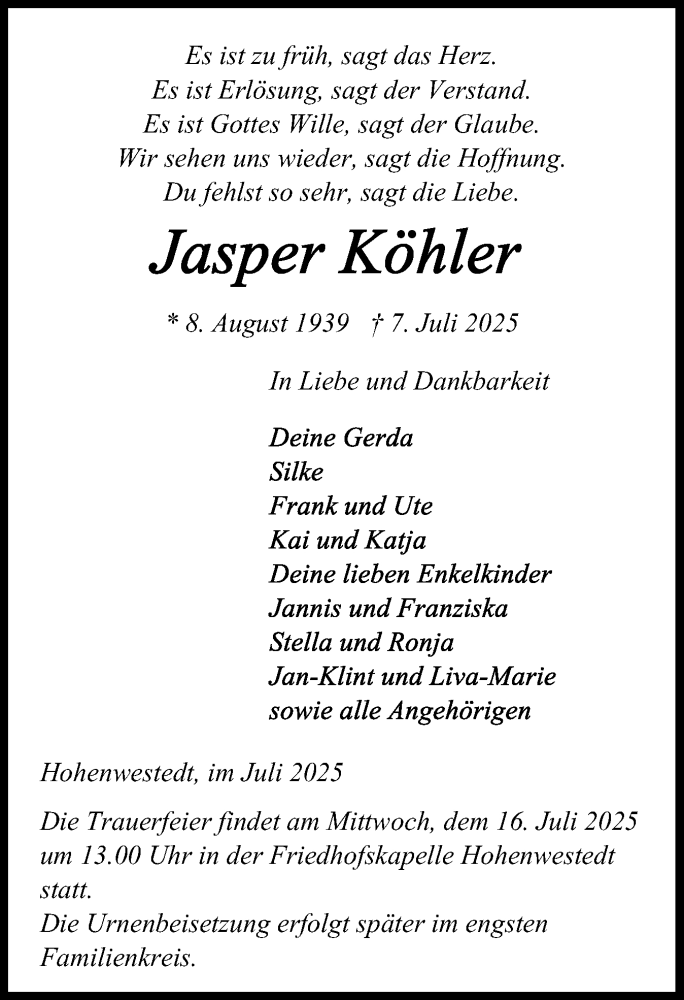  Traueranzeige für Jasper Köhler vom 12.07.2025 aus Schleswig-Holsteinische Landeszeitung