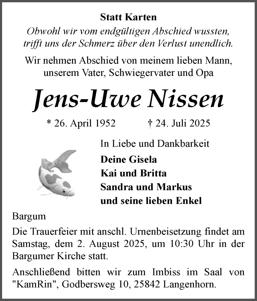  Traueranzeige für Jens-Uwe Nissen vom 30.07.2025 aus Husumer Nachrichten, Nordfriesland Tageblatt