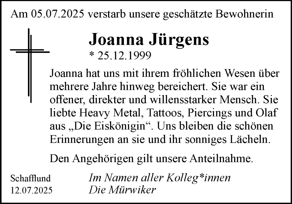  Traueranzeige für Joanna Jürgens vom 12.07.2025 aus Flensburger Tageblatt