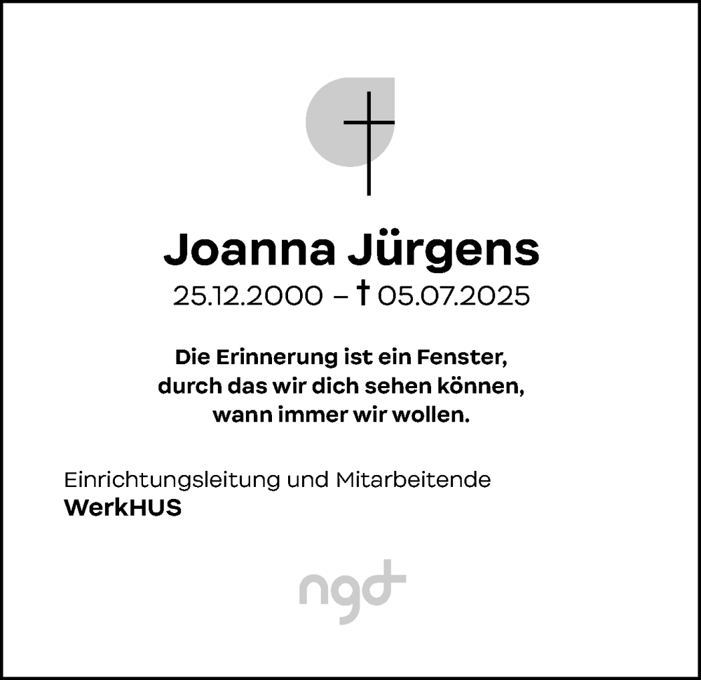  Traueranzeige für Joanna Jürgens vom 18.07.2025 aus Husumer Nachrichten, Nordfriesland Tageblatt