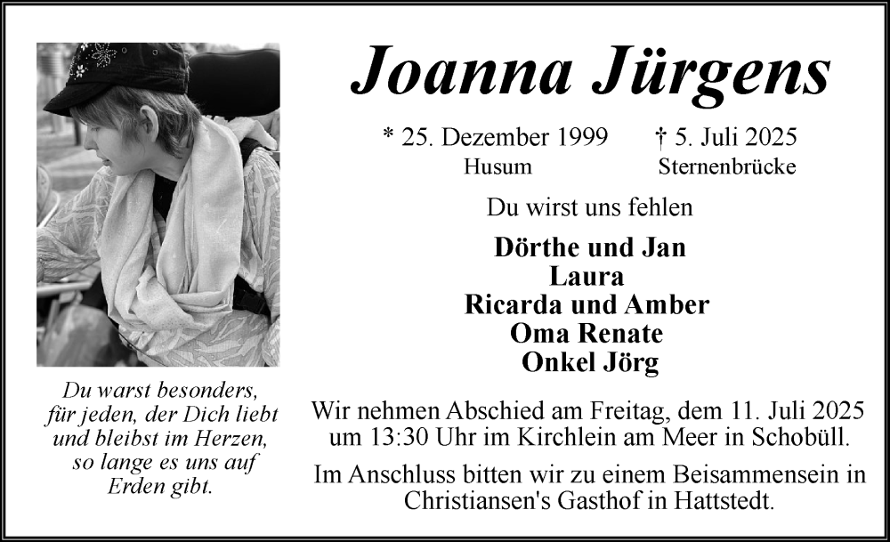  Traueranzeige für Joanna Jürgens vom 09.07.2025 aus Husumer Nachrichten, Nordfriesland Tageblatt