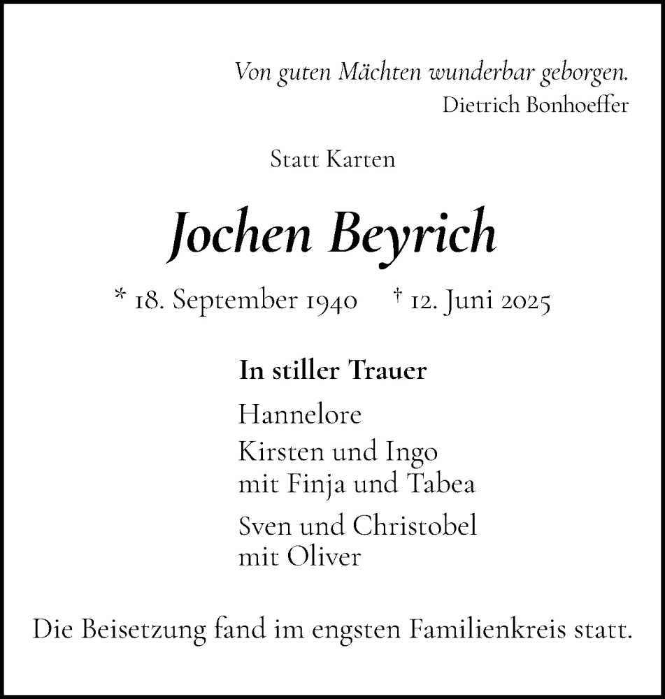  Traueranzeige für Jochen Beyrich vom 05.07.2025 aus Norddeutsche Rundschau, Wilstersche Zeitung, Glückstädter Fortuna