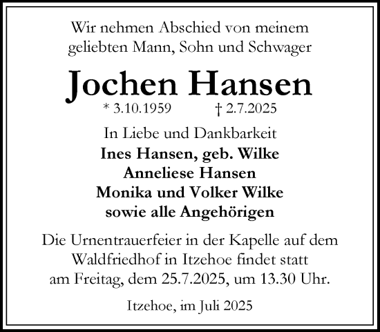 Traueranzeige von Jochen Hansen von Norddeutsche Rundschau, Wilstersche Zeitung, Glückstädter Fortuna