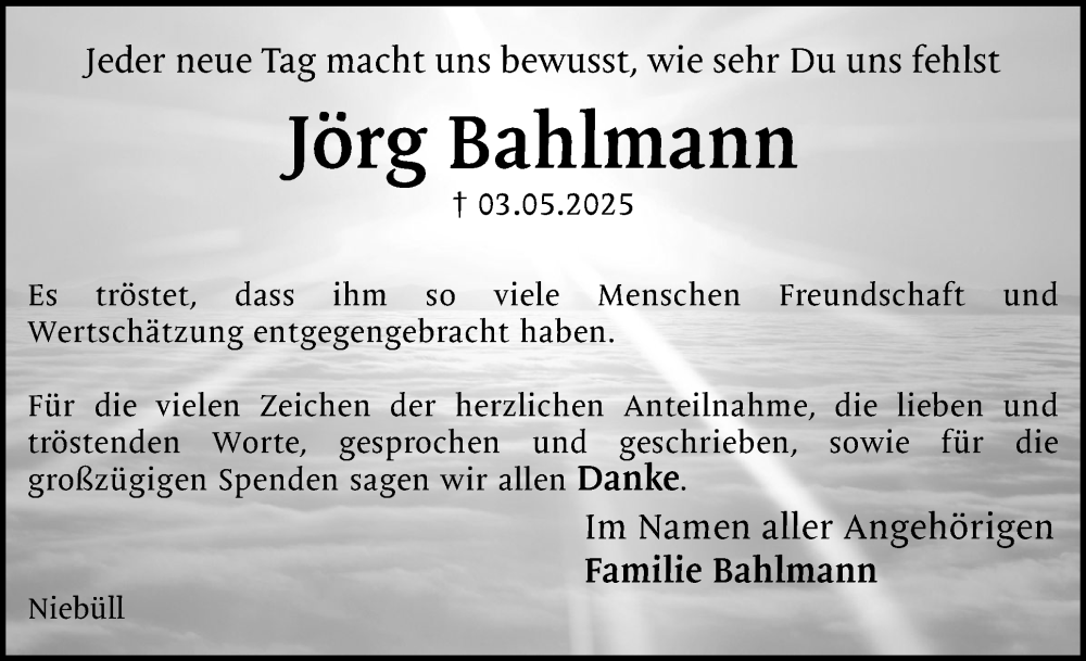  Traueranzeige für Jörg Bahlmann vom 26.07.2025 aus Region Flensburg