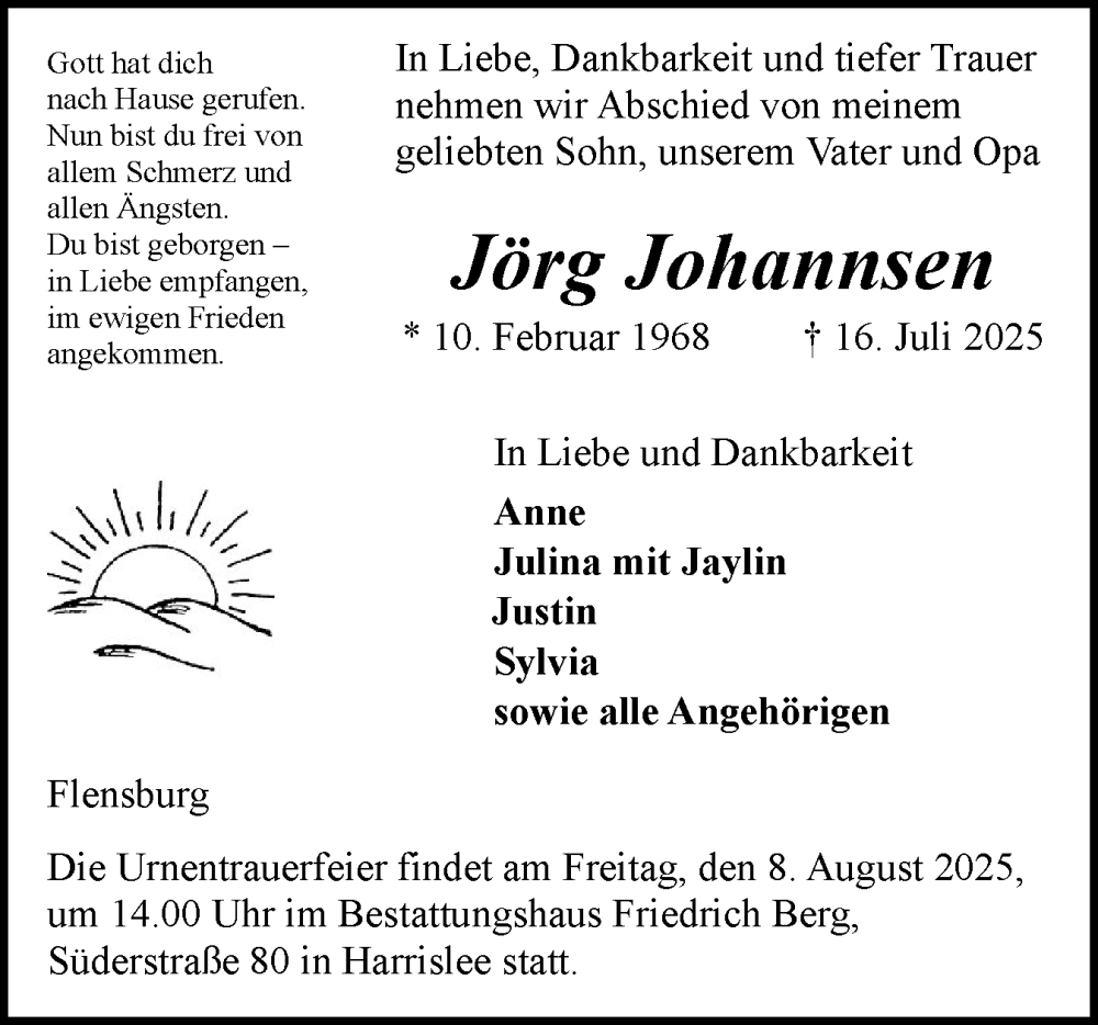  Traueranzeige für Jörg Johannsen vom 26.07.2025 aus Flensburger Tageblatt