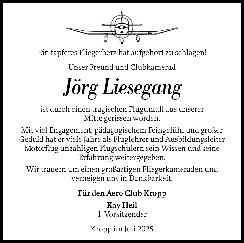  Traueranzeige für Jörg Liesegang vom 19.07.2025 aus Schleswig-Holsteinische Landeszeitung