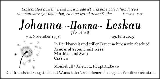Traueranzeige von Johanna Leskau von Husumer Nachrichten, Nordfriesland Tageblatt