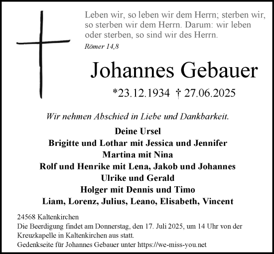 Traueranzeige von Johannes Gebauer von Umschau