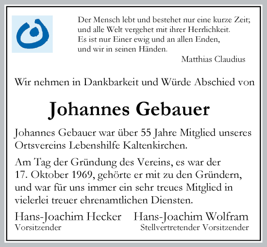 Traueranzeige von Johannes Gebauer von Umschau