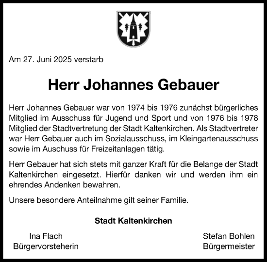 Traueranzeige von Johannes Gebauer von Umschau