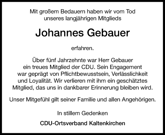 Traueranzeige von Johannes Gebauer von Umschau