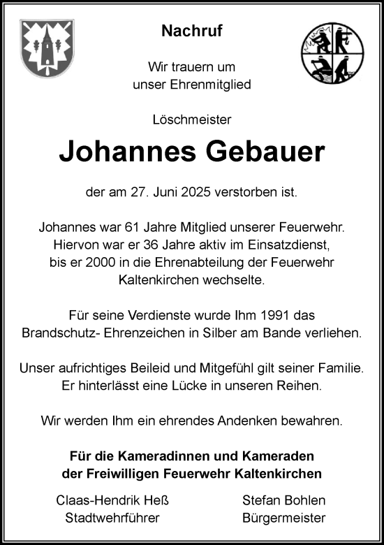 Traueranzeige von Johannes Gebauer von Umschau