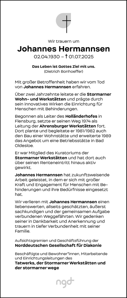 Traueranzeige von Johannes Hermannsen von Stormarner Tageblatt