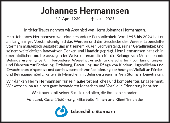 Traueranzeige von Johannes Hermannsen von MARKT Bad Oldesloe/Reinfeld und Stormarner Tageblatt