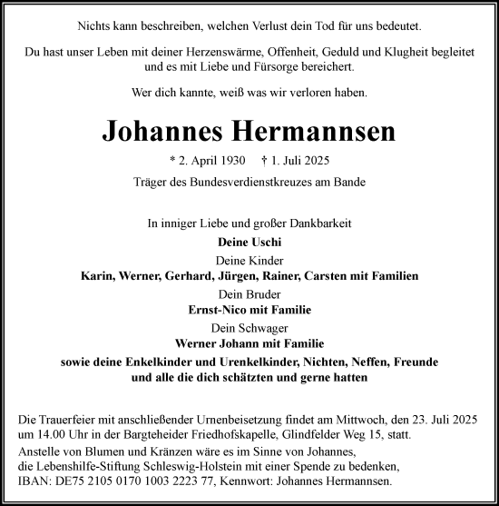 Traueranzeige von Johannes Hermannsen von MARKT Bad Oldesloe/Reinfeld, MARKT Ahrensburg/Bargteheide/Trittau und Stormarner Tageblatt