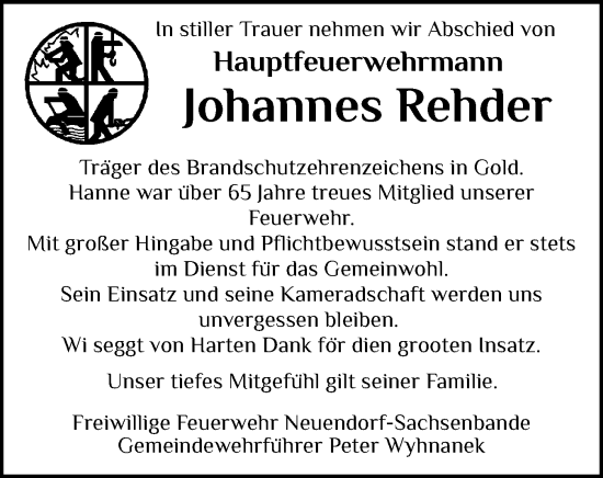 Traueranzeige von Johannes Rehder von Norddeutsche Rundschau, Wilstersche Zeitung, Glückstädter Fortuna