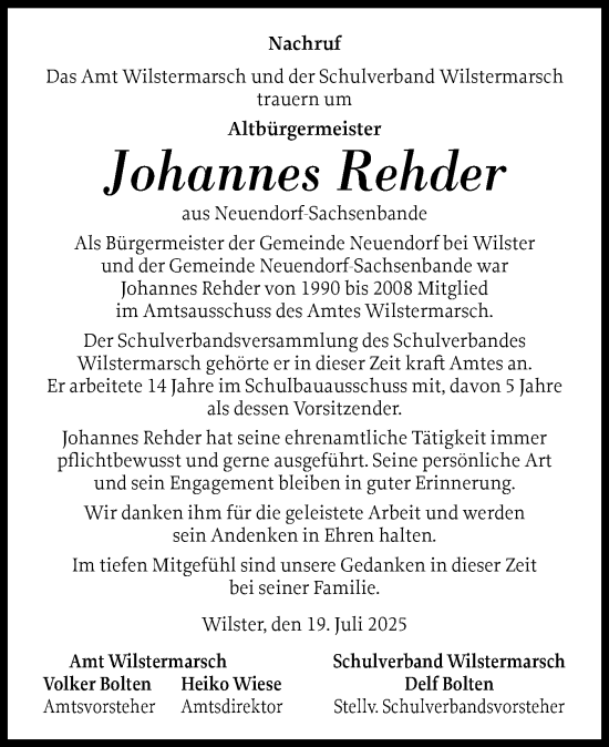 Traueranzeige von Johannes Rehder von Norddeutsche Rundschau, Wilstersche Zeitung, Glückstädter Fortuna