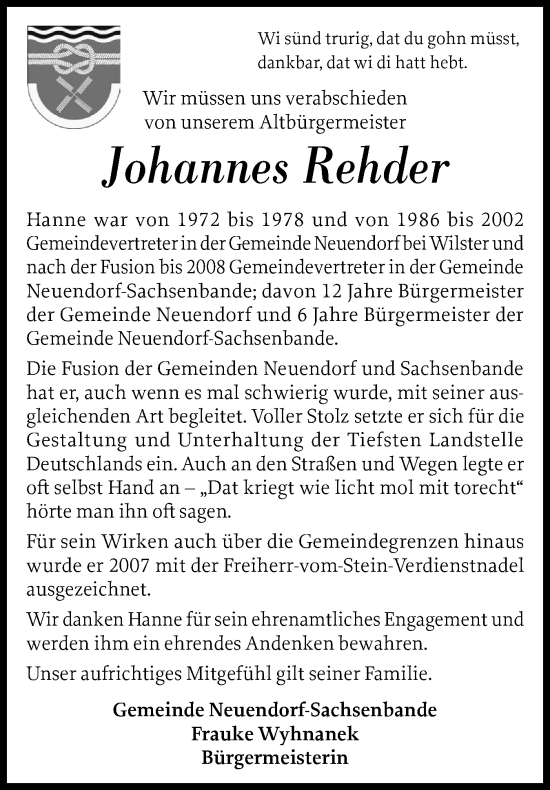Traueranzeige von Johannes Rehder von Norddeutsche Rundschau, Wilstersche Zeitung, Glückstädter Fortuna