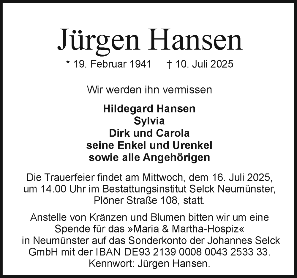  Traueranzeige für Jürgen Hansen vom 14.07.2025 aus Holsteinischer Courier