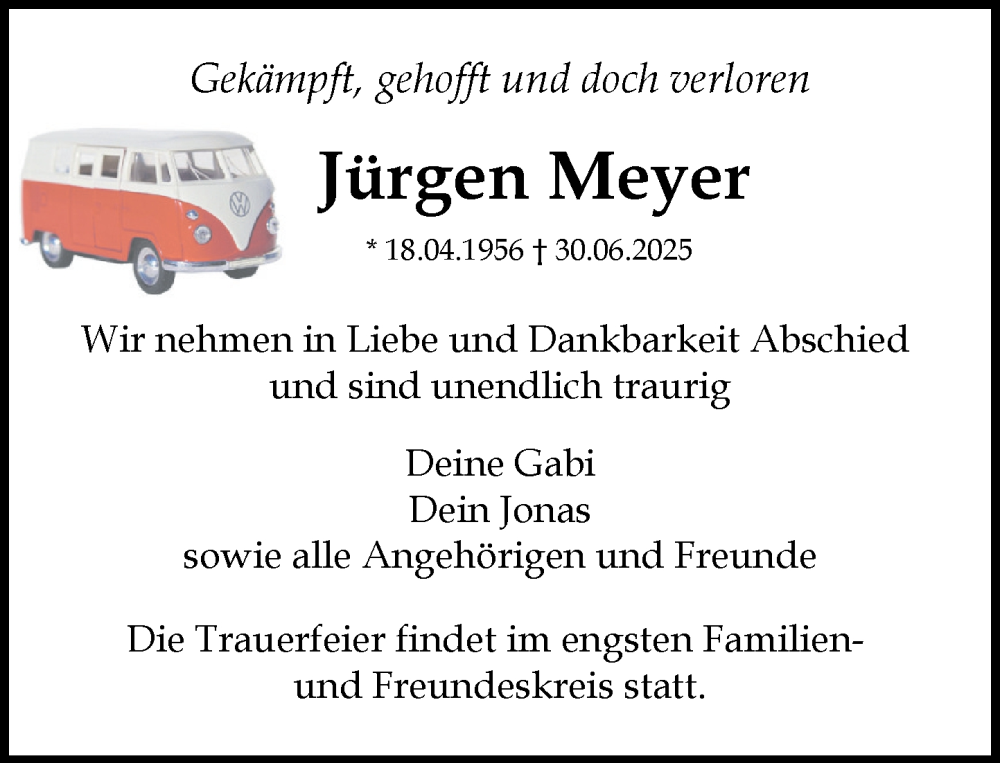  Traueranzeige für Jürgen Meyer vom 12.07.2025 aus Umschau