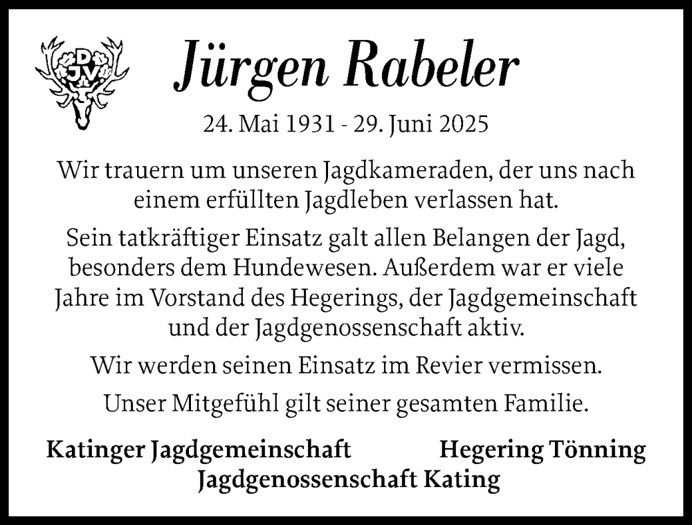  Traueranzeige für Jürgen Rabeler vom 09.07.2025 aus Husumer Nachrichten, Nordfriesland Tageblatt