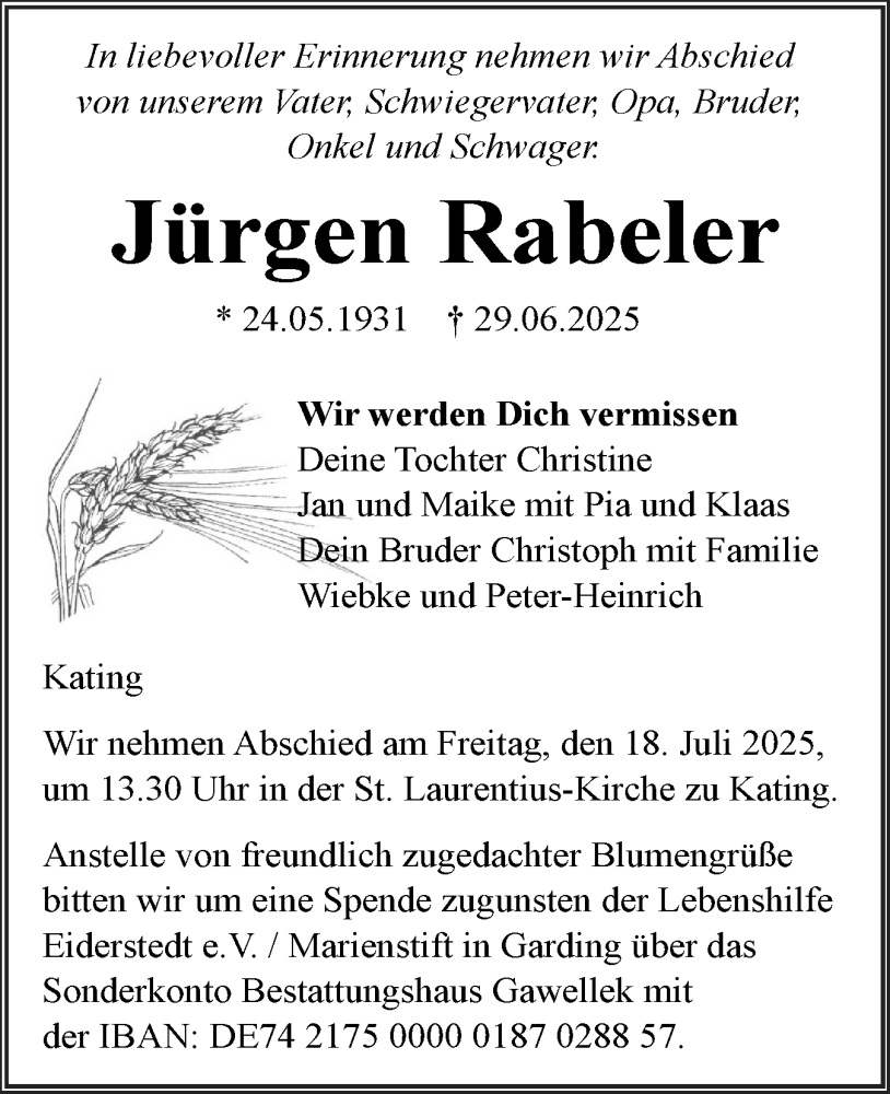  Traueranzeige für Jürgen Rabeler vom 05.07.2025 aus Husumer Nachrichten, Nordfriesland Tageblatt