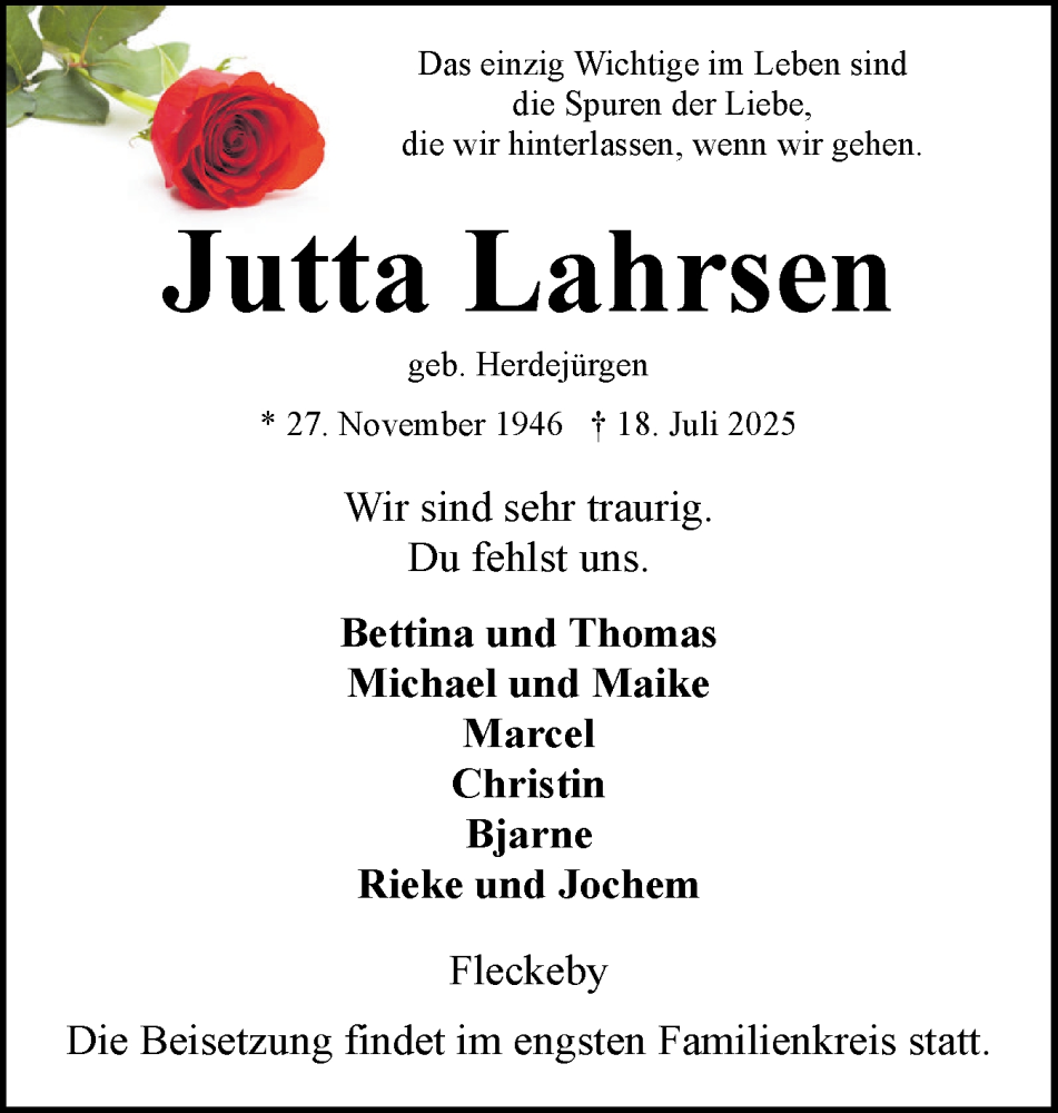  Traueranzeige für Jutta Lahrsen vom 26.07.2025 aus Eckernförder Zeitung, Hallo Eckernförde