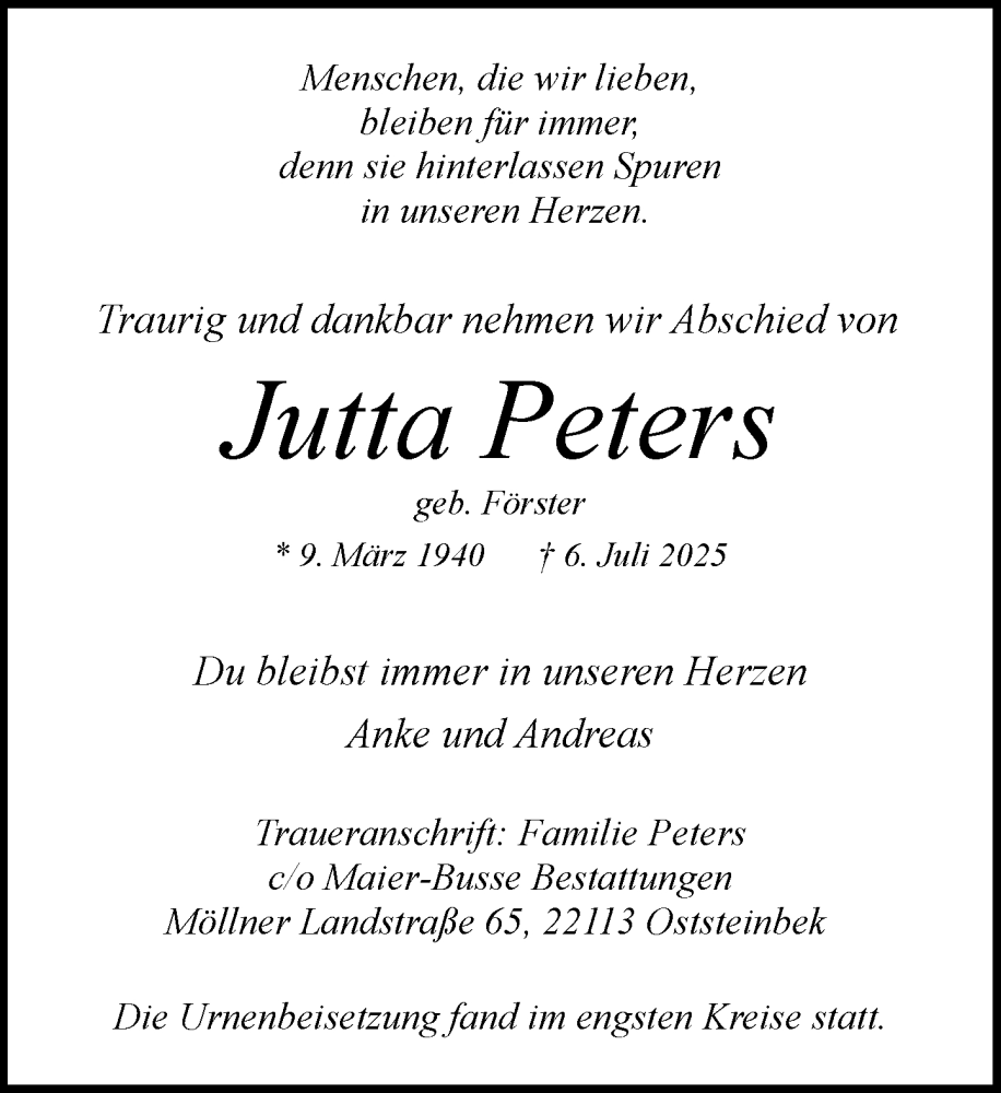  Traueranzeige für Jutta Peters vom 26.07.2025 aus MARKT Glinde/Reinbek