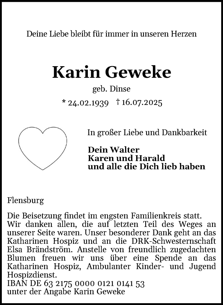  Traueranzeige für Karin Geweke vom 26.07.2025 aus Flensburger Tageblatt