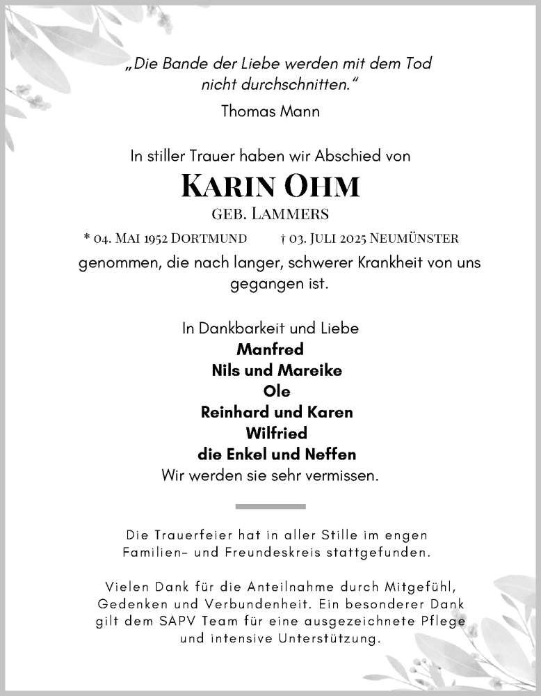  Traueranzeige für Karin Ohm vom 19.07.2025 aus Holsteinischer Courier