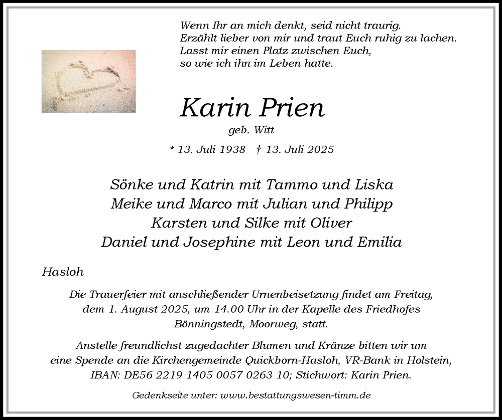  Traueranzeige für Karin Prien vom 26.07.2025 aus Region Pinneberg und tip Pinneberg