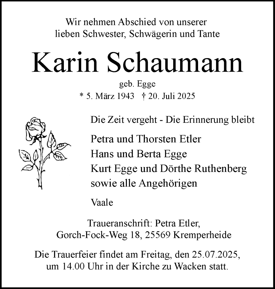  Traueranzeige für Karin Schaumann vom 23.07.2025 aus Norddeutsche Rundschau, Wilstersche Zeitung, Glückstädter Fortuna