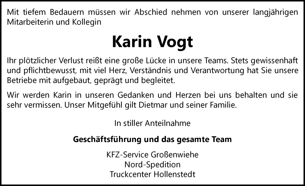  Traueranzeige für Karin Vogt vom 12.07.2025 aus Flensburger Tageblatt